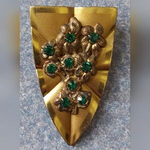 Antique Brass Shield Dress Clip with Green Rhinestones,  Art Deco Clip
